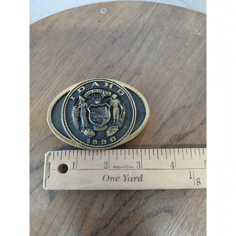 Vintage idaho belt buckle brass first security Corp esto perpetua